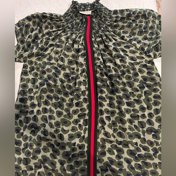 Rungolee silk olive green navy leopard print shirt, green red Gucci like stripe - Picture 4 of 5